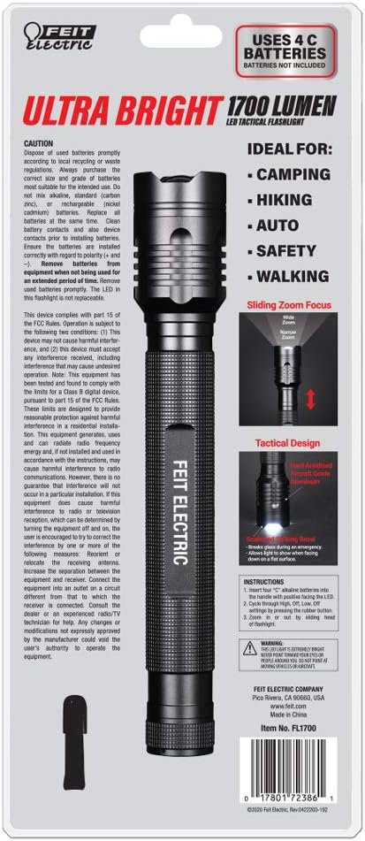 Feit Electric LED Tactical Flashlight - Aluminum Alloy - Zoomable Strike Bezel; Illuminate up to 1,000 feet - Adjustable Brightness 600 to 1700 Lumen | Requires 4-C Batteries