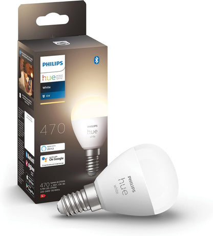 Philips Hue White Smart Single Luster Bulb LED E14 Small Edison Screw - 470 Lumens (40W Equivalent). Compatible with Alexa