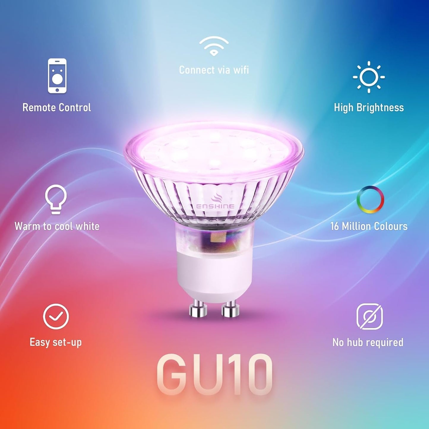Enshine GU10 Smart Bulb, Warm to Cool White and RGB WiFi led Light Bulbs, Dimmable Colour Changing, Compatible with Alexa and Google Home, Music Sync, 5W(50W), 470 Lumens, No Hub Required, 4 Pack
