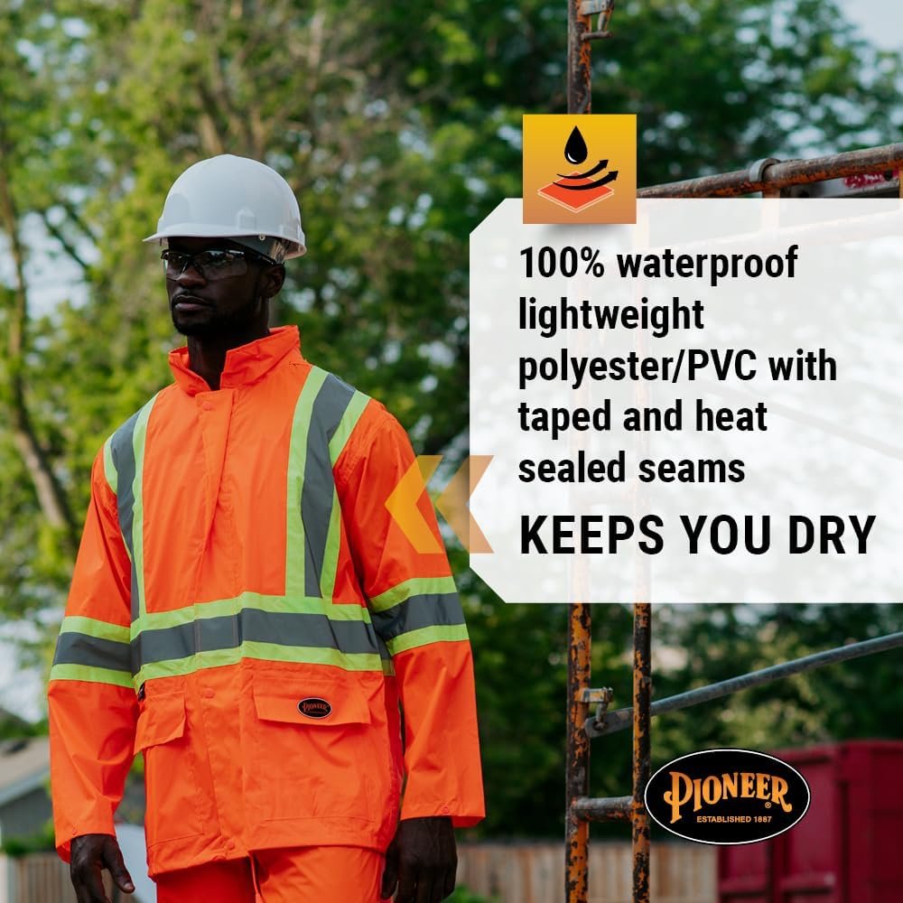 Pioneer Hi Vis Waterproof Lightweight Rainsuit - Work Safety Hooded Jacket and Bib Pants - Adjustable Pant Length - Hi Vis Orange