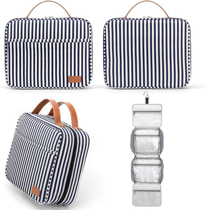 Bosidu Hanging Toiletry Bag for Women, Large Capacity Waterproof Travel Toiletry Bag with 4 Compartments & 1 Sturdy Hook, Ideal for Travel or Daily Use (Navy Blue & White Striped)