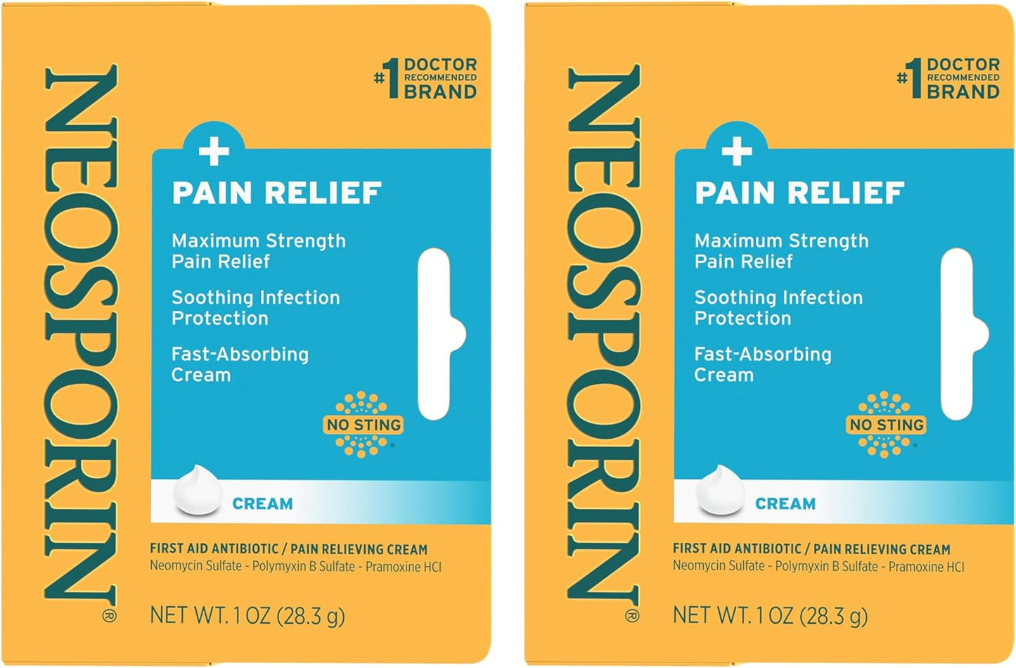 Neosporin + Maximum-Strength Pain Relief Dual Action Cream, First Aid Topical Antibiotic & Analgesic for Wound Care of Minor Cuts, Scrapes & Burns, Polymyxin B & Pramoxine HCl, 1 oz, 2 Pack