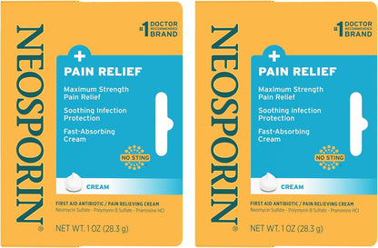 Neosporin + Maximum-Strength Pain Relief Dual Action Cream, First Aid Topical Antibiotic & Analgesic for Wound Care of Minor Cuts, Scrapes & Burns, Polymyxin B & Pramoxine HCl, 1 oz, 2 Pack