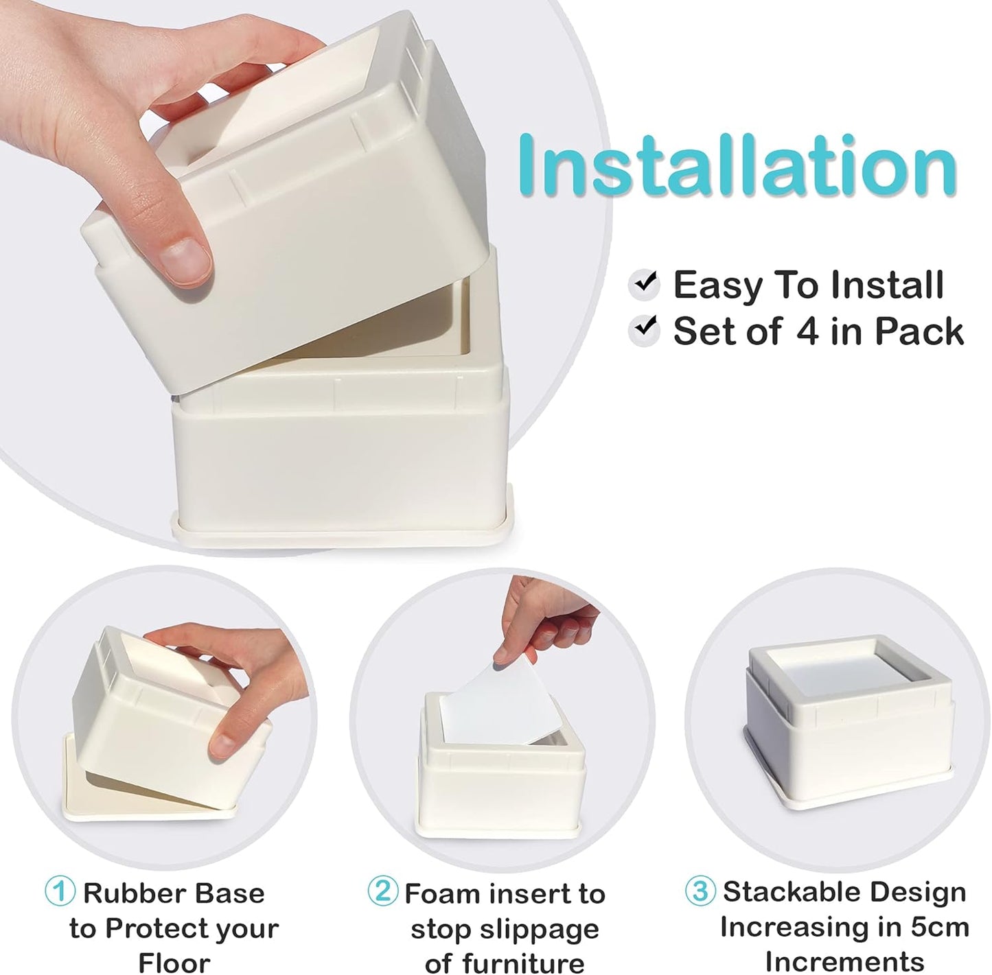 Regal Risers - Bed Risers, Set of 4, Stackable 5cm (2") high - Stylish, Modern Furniture Risers with Non-Scratch, Non-Slip Base - Extra Sturdy for Couch, Chair, Table and Beds (White)