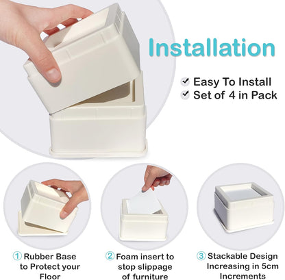 Regal Risers - Bed Risers, Set of 4, Stackable 5cm (2") high - Stylish, Modern Furniture Risers with Non-Scratch, Non-Slip Base - Extra Sturdy for Couch, Chair, Table and Beds (White)