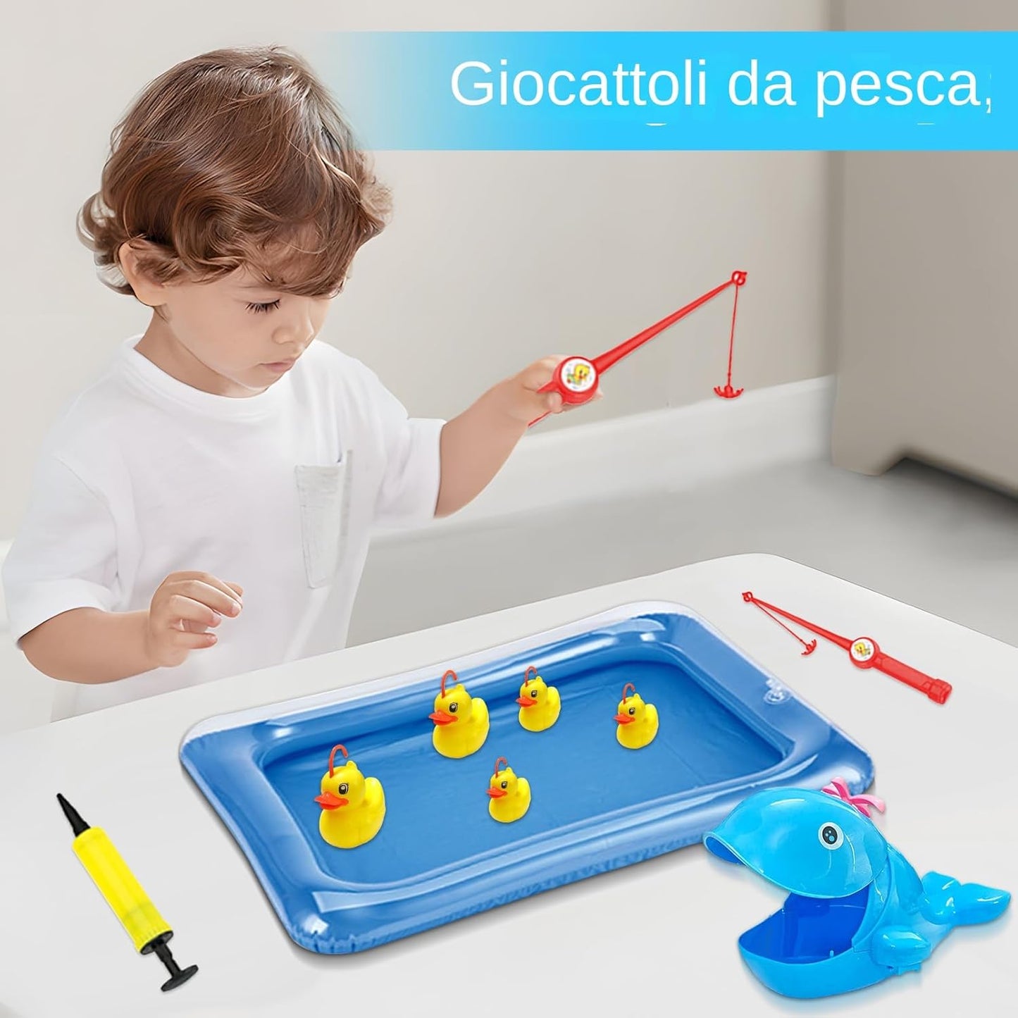 Kids Fishing Toy, Fishing Pool Games with Hand Pump, Water Play Set with Rod, Net, Floating Fish, Fun Summer Bath Game for Boys, Girls Ages 3 to 5, Indoor/Outdoor Use, Multicolour