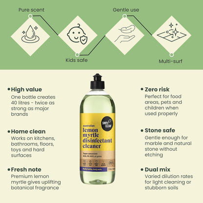 SimplyClean Lemon Myrtle Disinfectant Concentrated Cleaner - Natural Multi-Surface Cleaner with Pure Australian Lemon Myrtle Essential Oil - Makes 40 Litres - 1 Litre