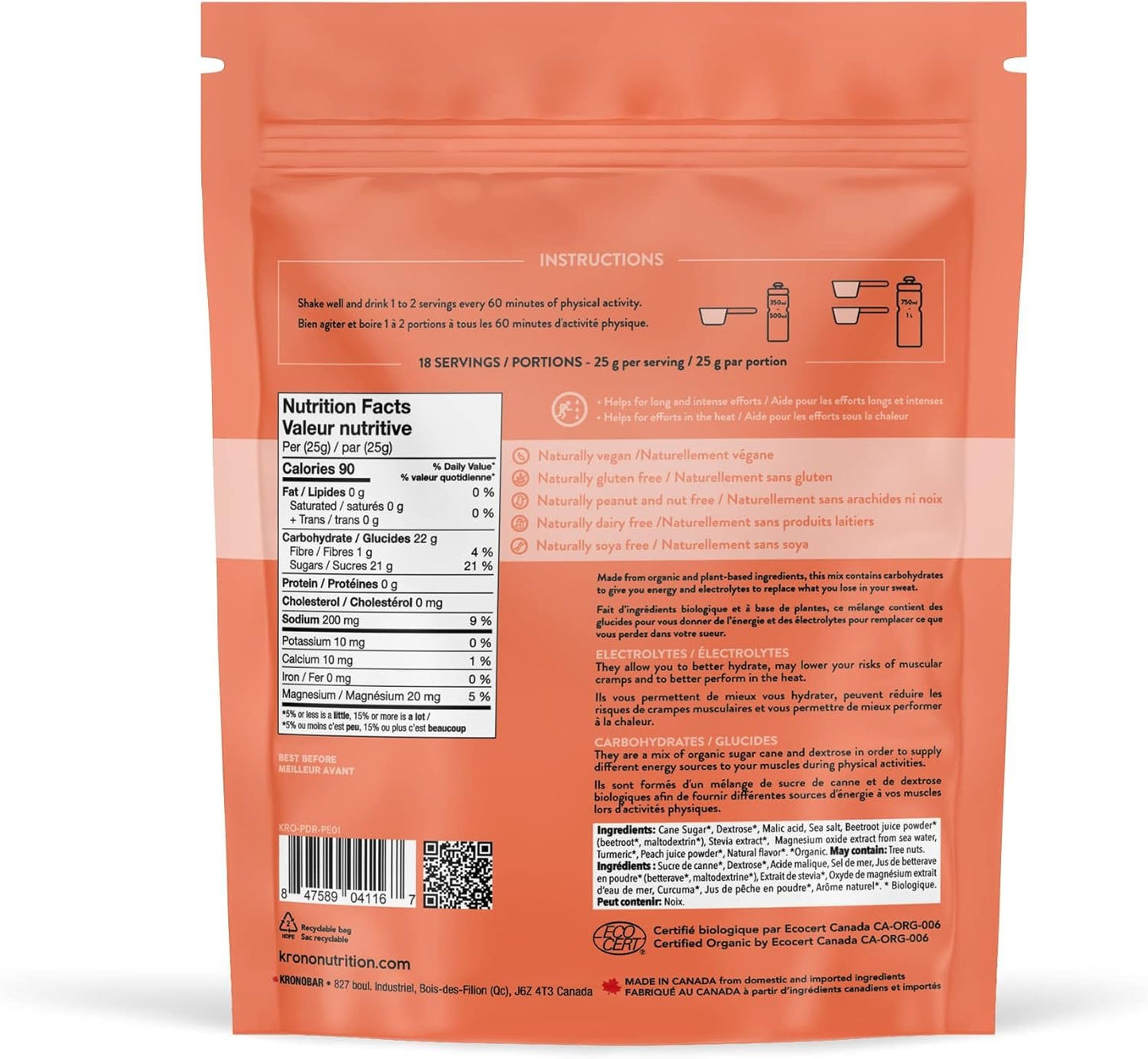 Krono Nutrition Sport Hydration drink mix – Energy & Electrolytes powder for Sports Performance - Vegan, Gluten Free, Organic – 18 servings (Peach)