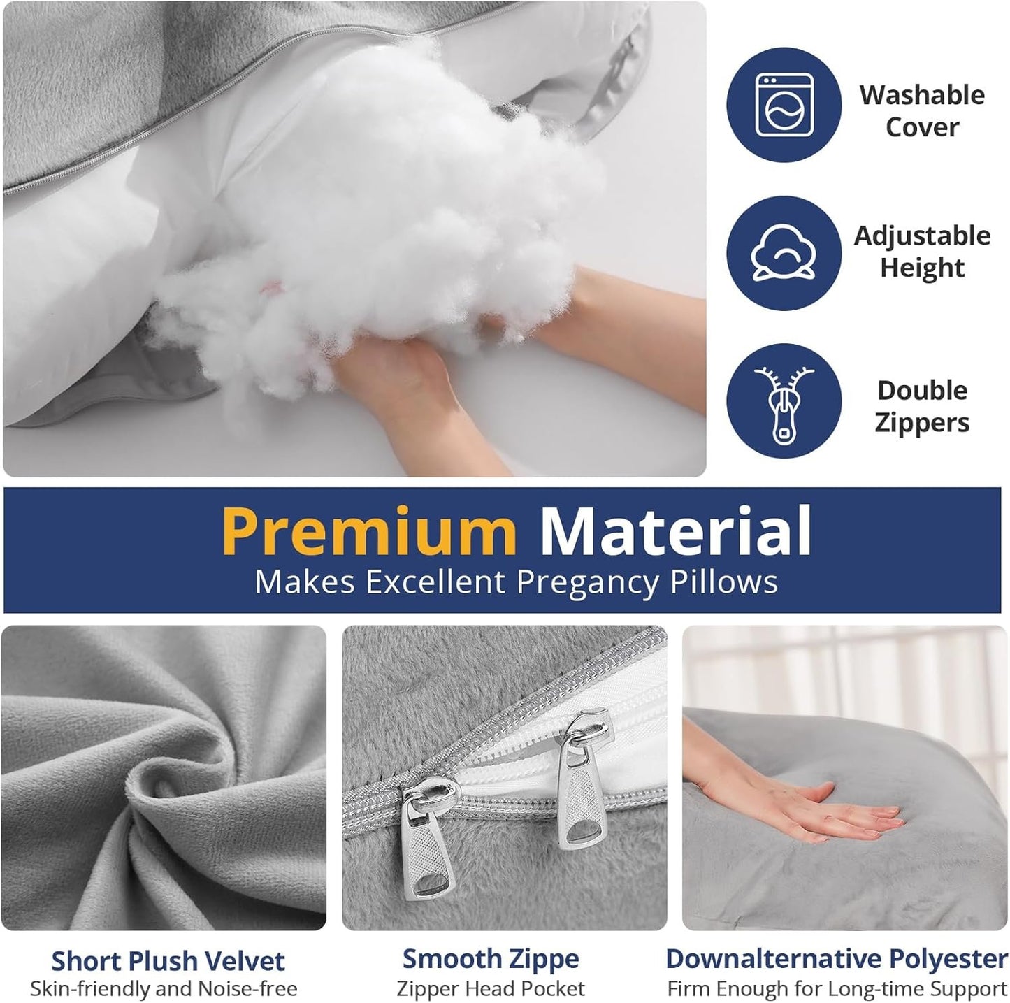 SASTTIE Pregnancy Pillow for Sleeping, U Shaped Body Pillow Side Sleeper Pregnancy Must Haves, Maternity Pillow for Pregnant Women, 57'' Full Pregnant Pillow with Removable Velvet Cover, Grey