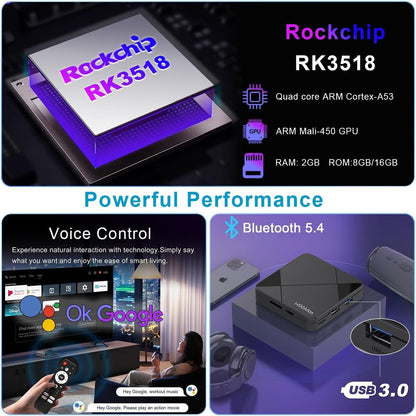 Android 14.0 TV Box, LEFFOT RK3518 4K UHD Streaming Media Player, 2GB RAM + 8GB ROM, Smart TV Box with HDR10, Voice Control, 2.4G & 5G WiFi 6, 100M Ethernet, BT 5.4, USB 3.0, RK3518 Quad Core A53