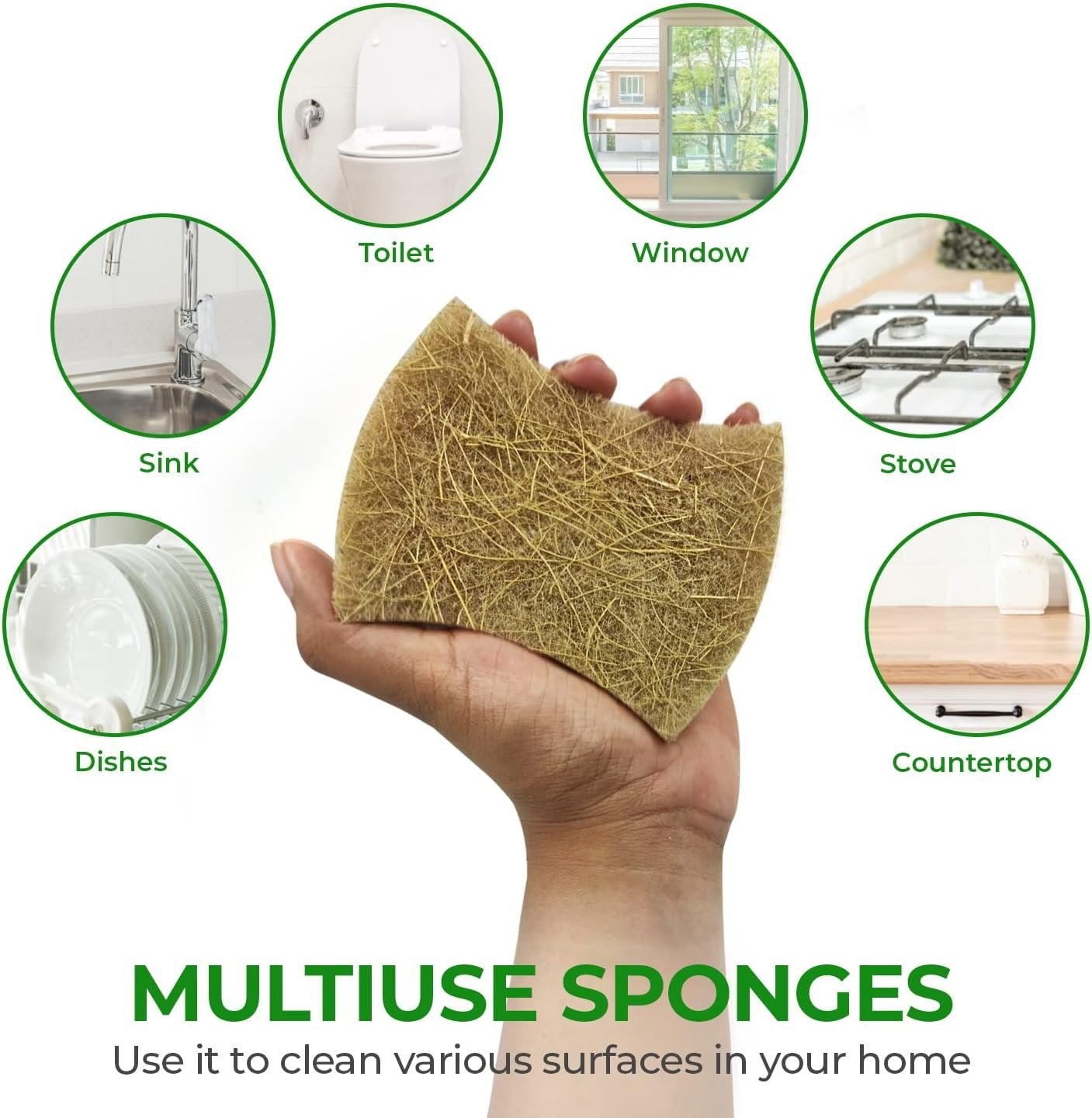 AIRNEX 12 Pack Biodegradable Natural Kitchen Sponges - Non Scratch Cellulose and Coconut Dish Sponges - Eco Friendly Sponges for Dishes with Dish Scrubber - Odourless Dual Sided Multipurpose Sponges