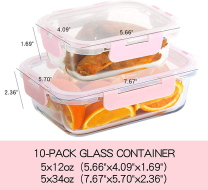 [10 Pack] Glass Meal Prep Containers, Food Storage Containers with Lids Airtight, Glass Lunch Boxes, Microwave, Oven, Freezer and Dishwasher Safe