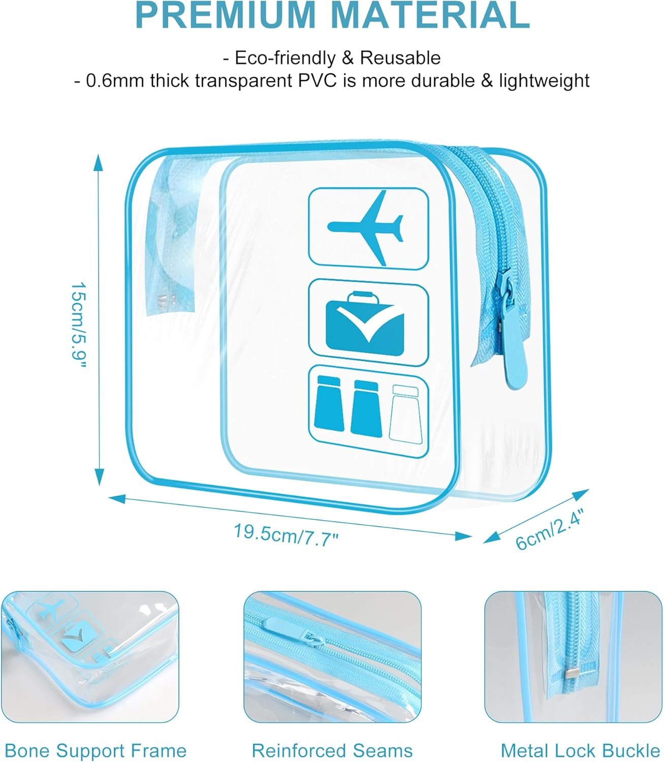 TECDW Clear Travel Toiletry Bag, 2PCS TSA Approved Airport Security Liquids Bags19.5x6cm, 1L Leakproof Clear Makeup Bags, Transparent Travel Wash Bag Holiday Essentials Luggage for Men Women (blue)