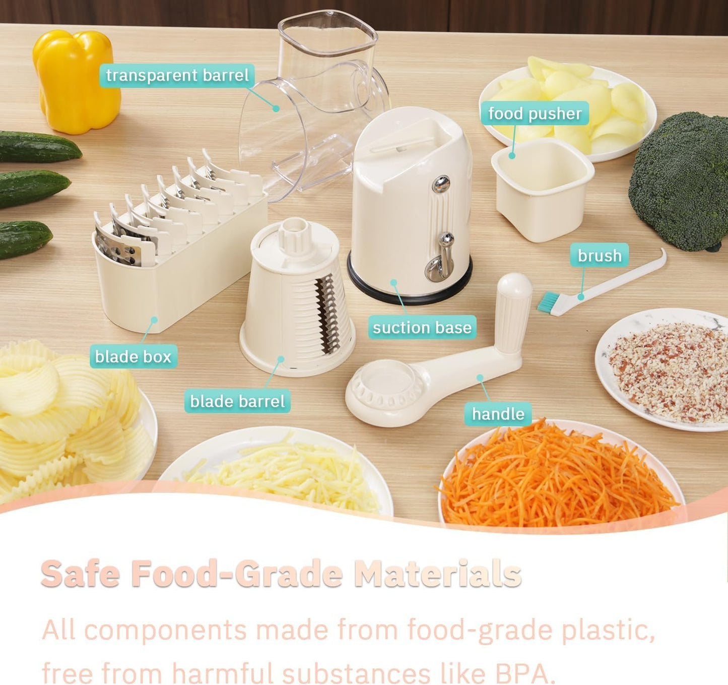 ENERGEVITY Manual Rotary Cheese Grater with Handle, 5 in 1 Replaceable Stainless Blades Cheese Shredder,Strong Suction Base Vegetable Slicer with Cleaning Brush & Bonus Storage Box for Blades (white)