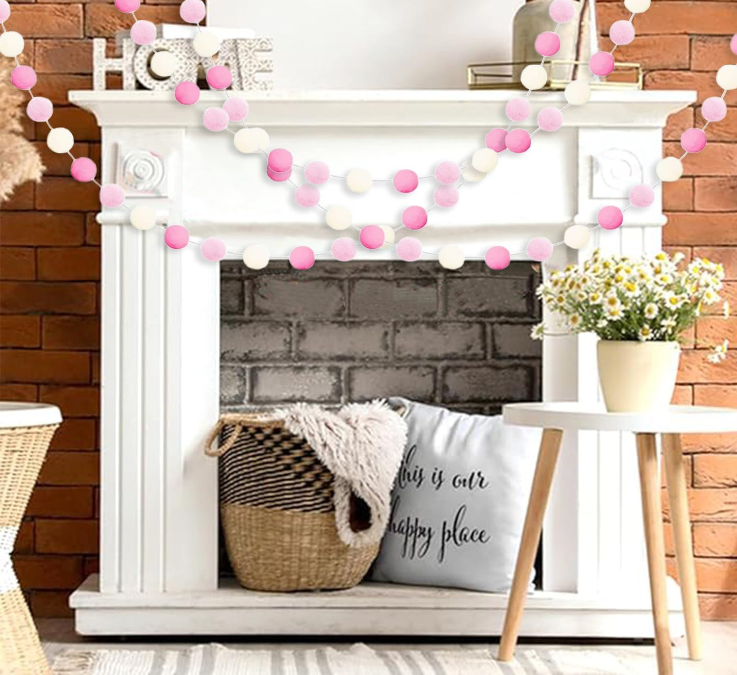Felt Ball Pom Pom Garland, 2 Metres, 30 Balls, 3 Piece Set, Boho Party Decor (Light Pink)