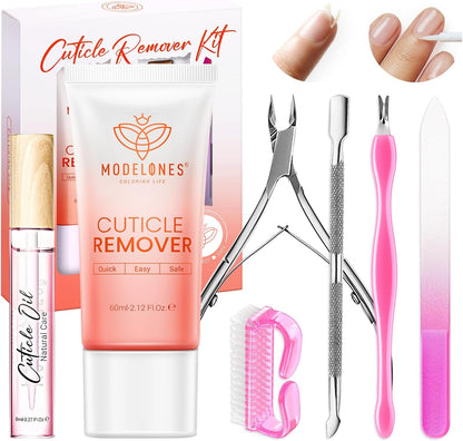 Modelones Cuticle Remover Kit - Cuticle Remover Cream & Cuticle Oil, Cuticle Care Kit w/Cuticle Trimmer Cuticle Pusher & Cuticle Nipper for DIY Nail Manicure, Removedor de Cuticula for Nail Care