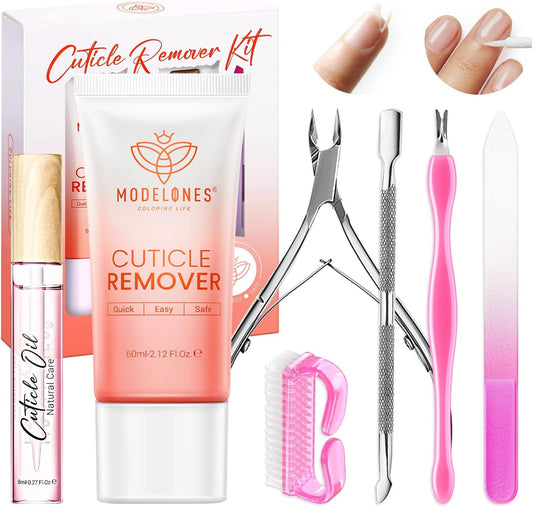 Modelones Cuticle Remover Kit - Cuticle Remover Cream & Cuticle Oil, Cuticle Care Kit w/Cuticle Trimmer Cuticle Pusher & Cuticle Nipper for DIY Nail Manicure, Removedor de Cuticula for Nail Care