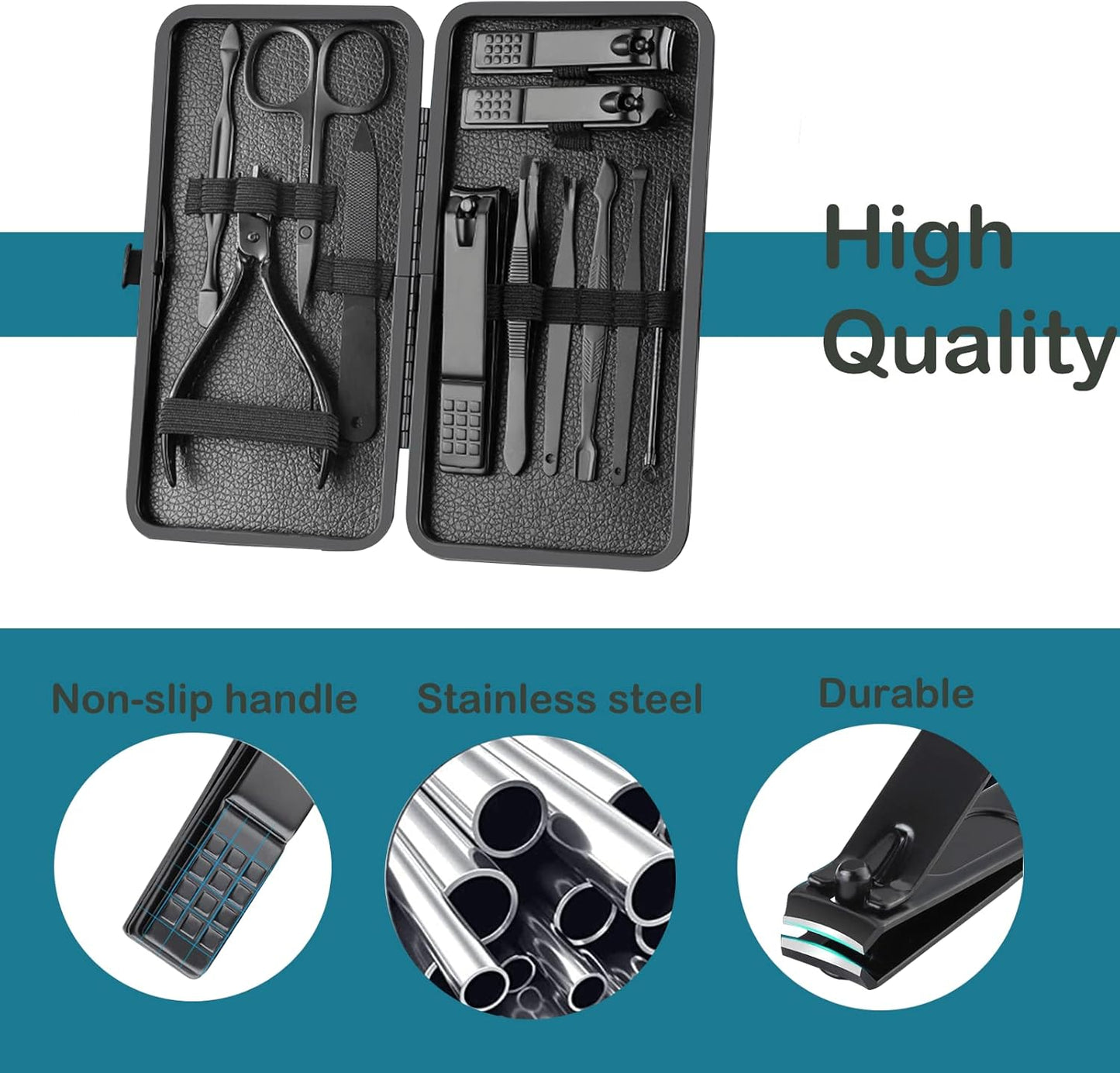 Manicure Set Nail Clippers Pedicure Kit -12PCS Stainless Steel Manicure Kit, Professional Grooming Kits, Nail Care Tools with Luxurious Travel Leather Case Gift Box (12, Black)