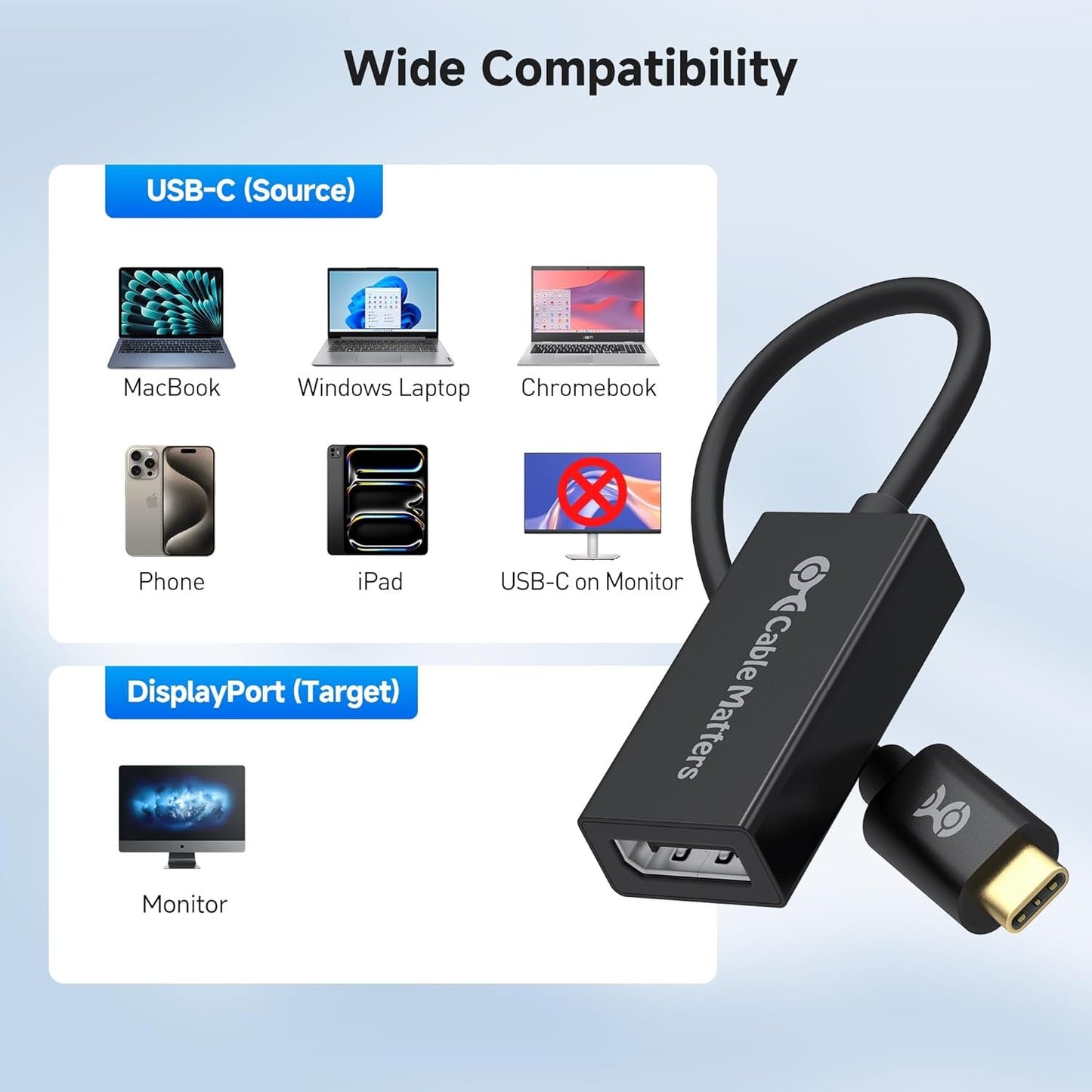 Cable Matters USB C to DisplayPort Adapter (USB C to Displayport 1.4) with 8K@60hz, 4K@144hz, HDR Support - Thunderbolt 4&3/USB4 Port Compatible with Oculus Rift S, MacBook Pro, Dell XPS, Surface Pro