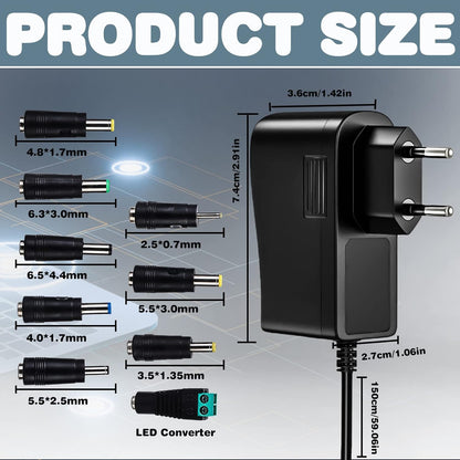 Universal AC/DC Adapter: 12V 3A 36W Power Supply Power Supply Transformer with 9 Plug Adapters, Power Driver Adapters, Home Electronics Converters and LED Strips