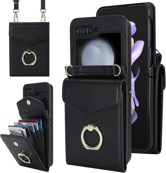SINQERISHT Crossbody Wallet Phone Case for Samsung Galaxy Z Flip 6 5G 2024 Leather Case with Card Holder & 360° Ring Kickstand Purse Cover Magnetic Closure Flip Handbag Shell(Black)