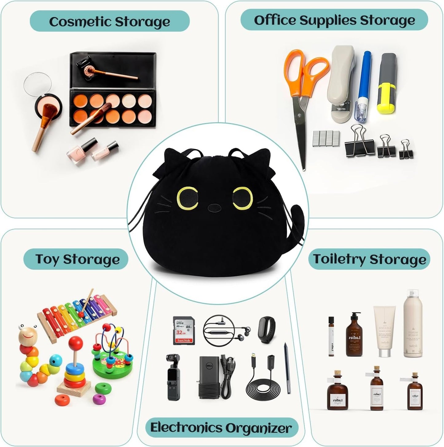 Funny Cat Drawstring Makeup Bag - Large Capacity Cute Travel Toiletry Tote Cosmetic Bag Pouch Organizer - Mothers Day Easter Birthday Christmas Unique Gag Gifts for Women Girls Cat Lovers-Black