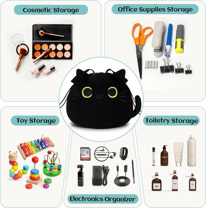 Funny Cat Drawstring Makeup Bag - Large Capacity Cute Travel Toiletry Tote Cosmetic Bag Pouch Organizer - Mothers Day Easter Birthday Christmas Unique Gag Gifts for Women Girls Cat Lovers-Black