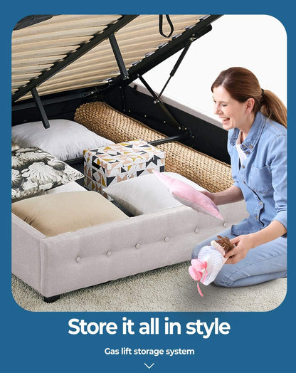 Levede Bed Frame Base with Gas Lift Storage Double Size Beige Platform Fabric