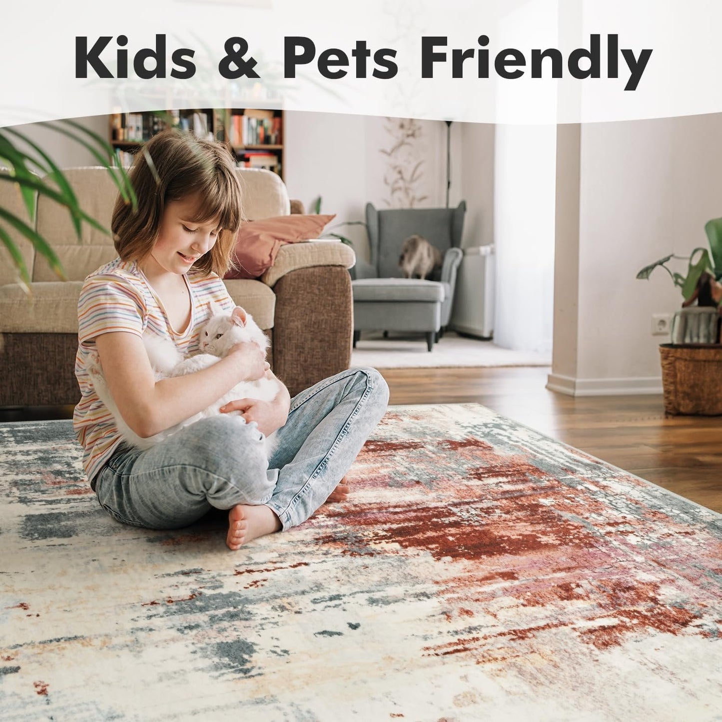 5x7 Abstract Rugs for Living Room-Washable Area Rug-Soft Rug for Bedroom-Neutral Non Slip Indoor Floor Carpet for Apartment Dining Room Nursery Home Decor
