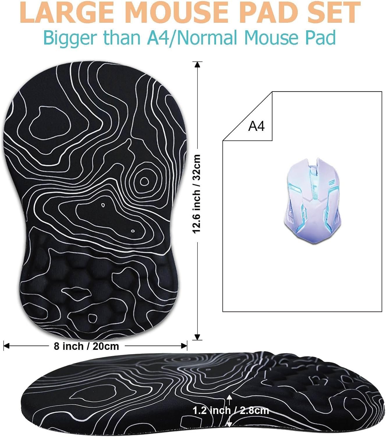 Ergonomic Mouse Pad with Wrist Rest, Memory Foam Mousepad with Wrist Support, Wrist Pain Relief, Non-Slip PU Base & Slope Massage Mouse Pad for Gaming, Office,Computer, 12x8 inch,Topographic Contour