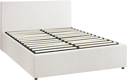 OIKITURE Bed Frame Gas Lift Base with Storage Space, Wooden Bed Frame Platform with Headboard White, Double Size, 195.5cm x 137cm x 88cm