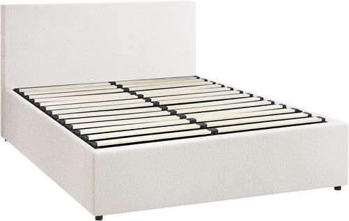 OIKITURE Bed Frame Gas Lift Base with Storage Space, Wooden Bed Frame Platform with Headboard White, Double Size, 195.5cm x 137cm x 88cm