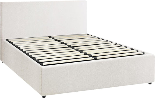 OIKITURE Bed Frame Gas Lift Base with Storage Space, Wooden Bed Frame Platform with Headboard White, Double Size, 195.5cm x 137cm x 88cm