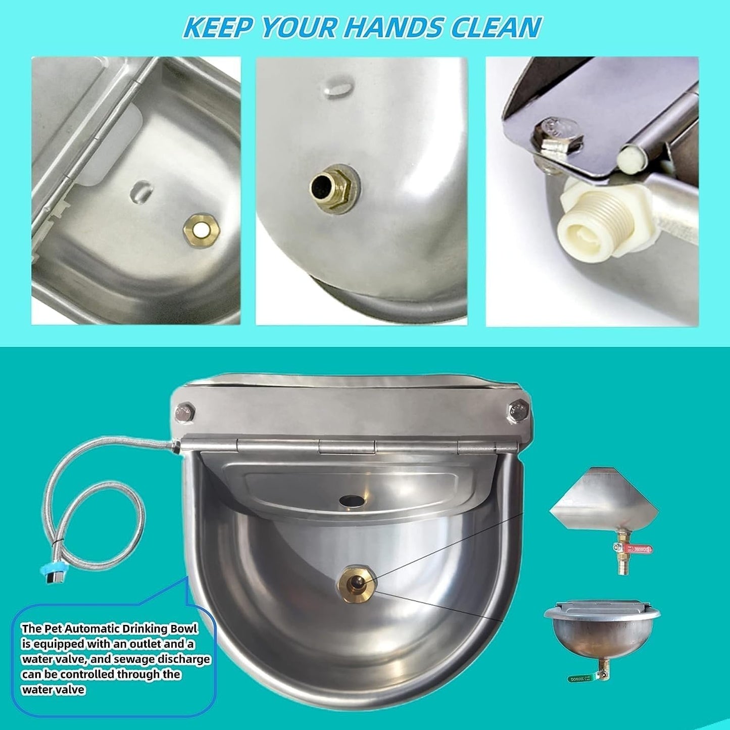 Boajf Automatic Water Dispenser for Dogs, Auto Water Dog Bowl with Drain Valve, Livestock Large Waterer 2 Gallon with Float Valve, Stainless Steel Water Trough with Hose Connector for Horse, Chicken