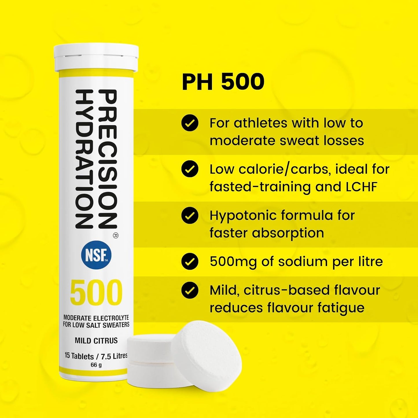 Precision Hydration Lite Electrolyte Drink - Multi Strength Effervescent Hydration Tablets - Low Calorie, Gluten Free, Vegan/Vegetarian Friendly, NSF (1 Tube, 500mg/L - Yellow Tube)