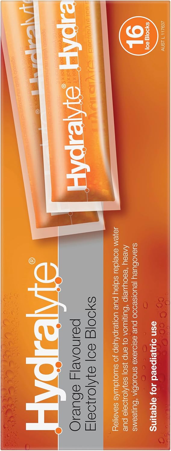 Hydralyte Electrolyte Ice Blocks Orange Flavoured 16 Packs