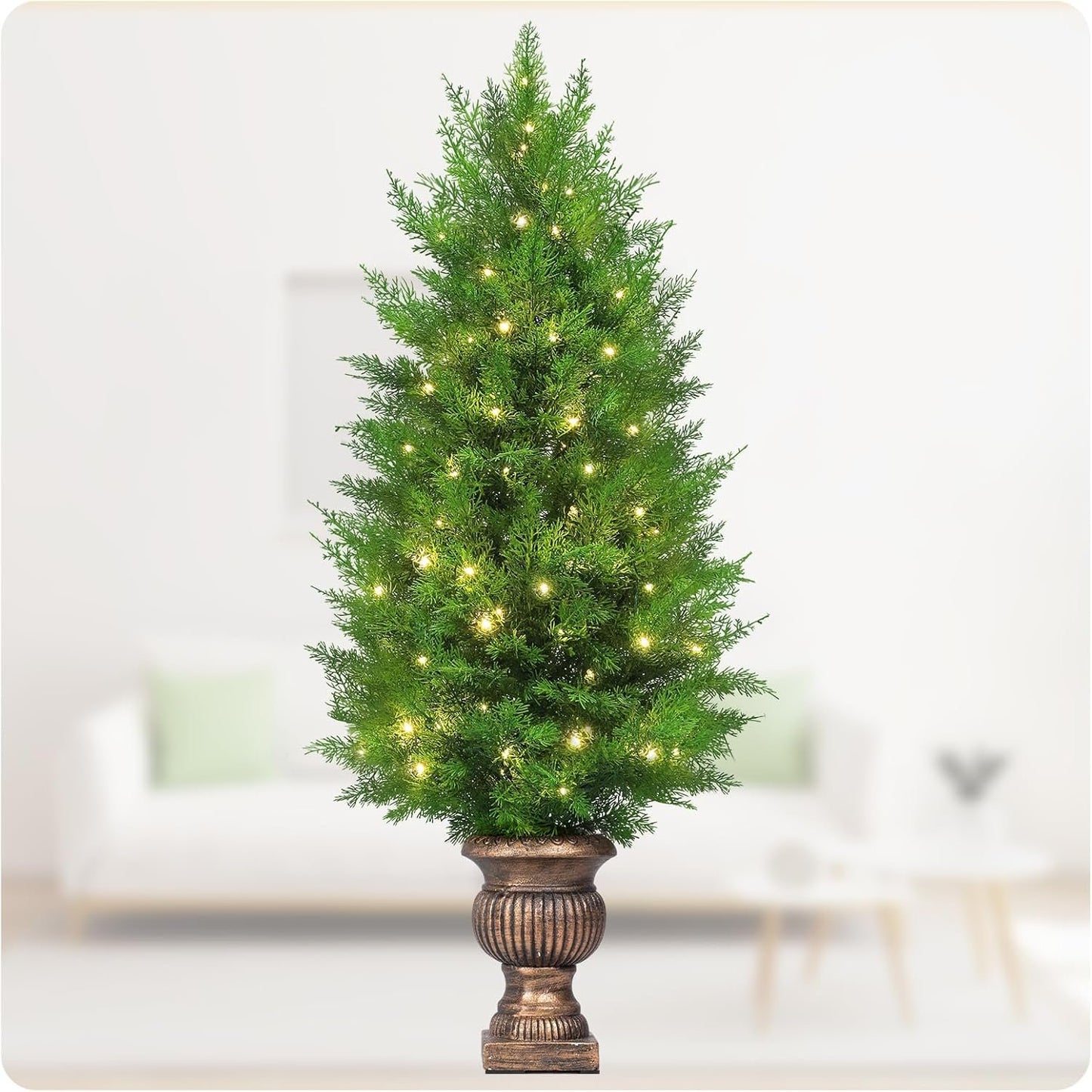 Gfilay 4FT Pre-Lit Artificial Cedar Trees Outdoor - UV-Resistant Outdoor Plants with LED Lights, Potted Greenery for Garden, Patio, Home & Office Decor （Set of 1）