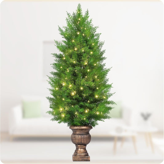 Gfilay 4FT Pre-Lit Artificial Cedar Trees Outdoor - UV-Resistant Outdoor Plants with LED Lights, Potted Greenery for Garden, Patio, Home & Office Decor （Set of 1）