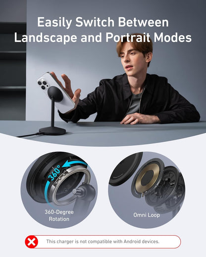 Anker MagGo iPhone 16 MagSafe-Compatible Wireless Charger, 15W Fast Wireless Charging Station, Qi2 Certified 360° Rotation Charger, for iPhone 16//15/14 Series and AirPods (Black, 1 Pack)