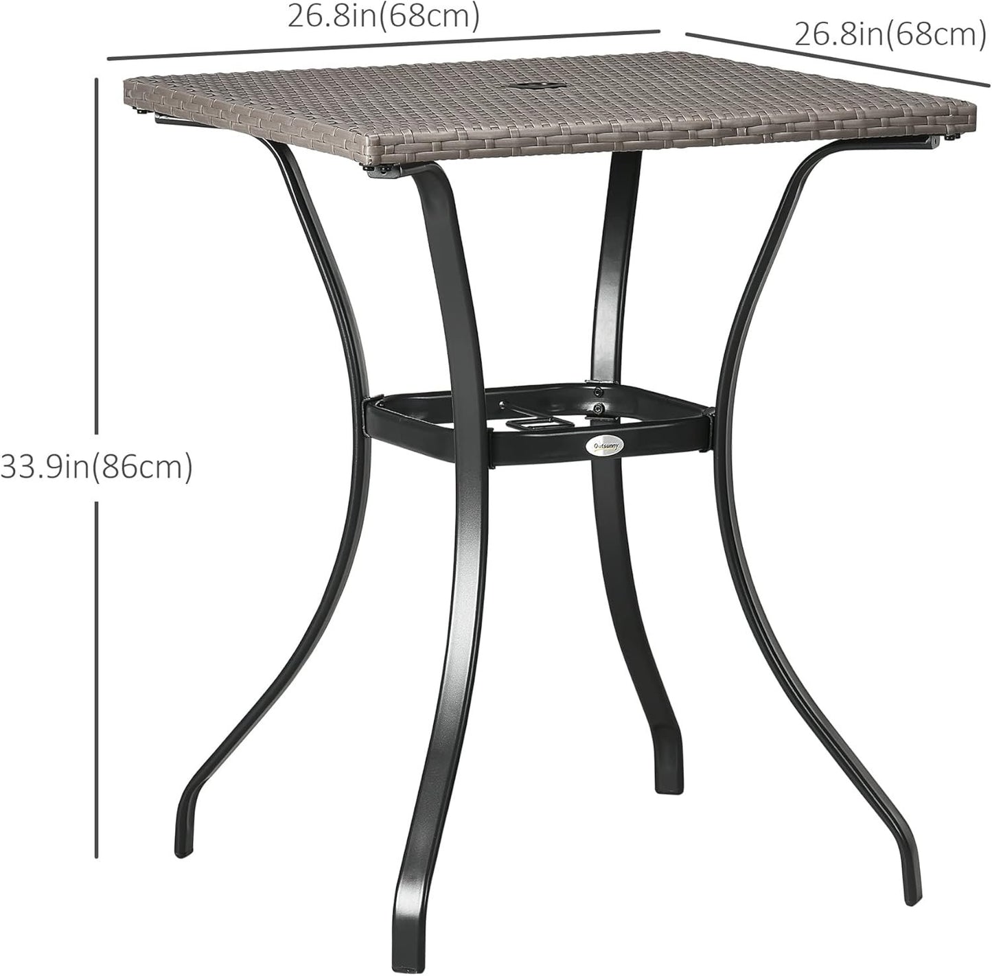 Outsunny Patio Wicker Dining Table with Umbrella Hole, 34 Inch Outdoor PE Rattan Coffee Table with Plastic Board Under The Woven Table Top for Patio, Garden, Balcony, Light Grey