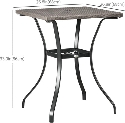 Outsunny Patio Wicker Dining Table with Umbrella Hole, 34 Inch Outdoor PE Rattan Coffee Table with Plastic Board Under The Woven Table Top for Patio, Garden, Balcony, Light Grey
