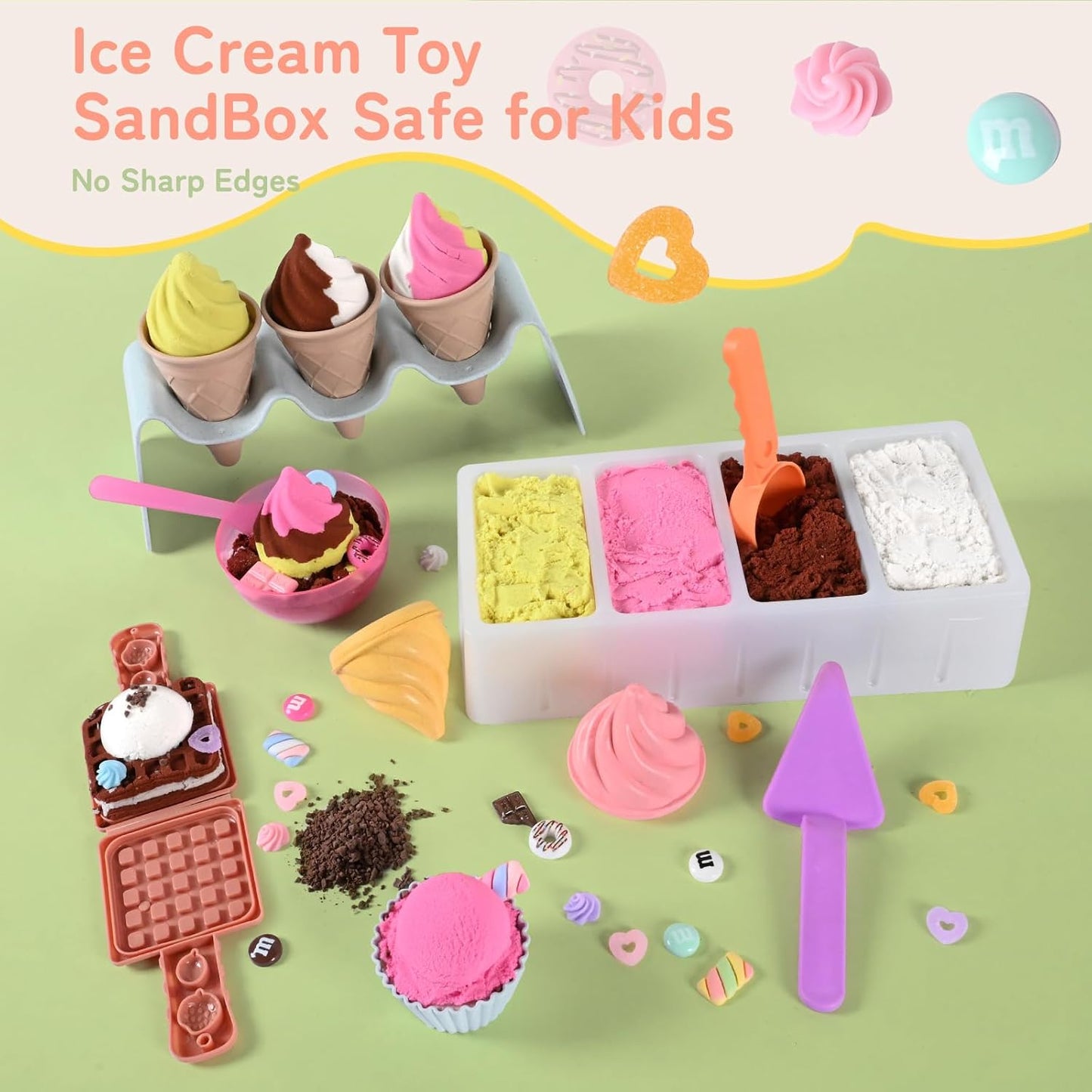 Ice Cream Toys Play Sand for Kids - Sensory Bin, 34pcs Ice Cream Shop Playset Sand Box 2LBS Moon Sand,Fine Motor Skills Activities Kids Sensory Toys for Girls 3 4 5 6 7 8 Year and Up