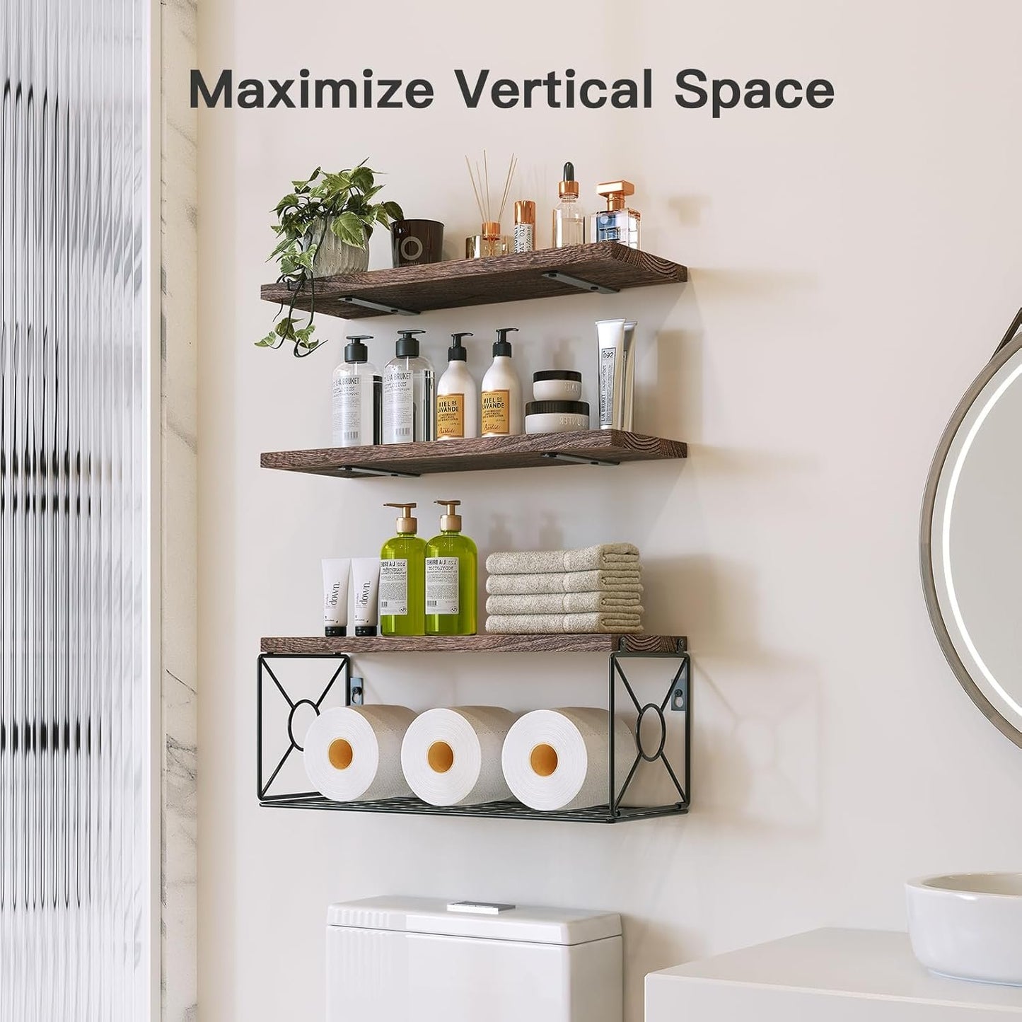 AMADA HOMEFURNISHING Bathroom Shelves with Storage Basket, Floating Shelves for Home Organization & Wall Decor, 3 Set Natural Wood Wall Shelf for Bathroom/Bedroom/Kitchen etc
