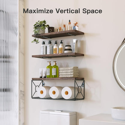 AMADA HOMEFURNISHING Bathroom Shelves with Storage Basket, Floating Shelves for Home Organization & Wall Decor, 3 Set Natural Wood Wall Shelf for Bathroom/Bedroom/Kitchen etc