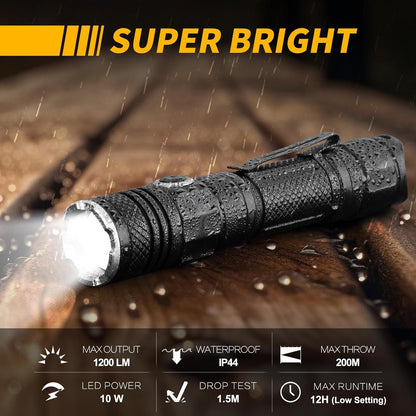 ULTRAFIRE Tactical Flashlight Torch with Holster, 1200 High Lumen Rechargeable LED Flashlight, Zoomable Small EDC Flashlight with Duty Belt Holder Pouch, 6 Modes Bright Flash Light, T4