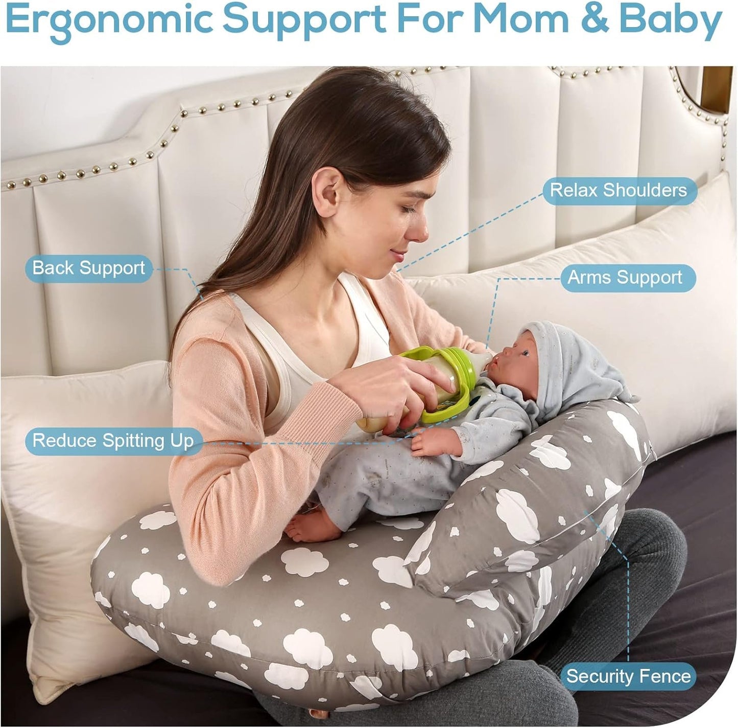 Labtec Nursing Pillow for Breastfeeding, Multifunctional Breast Feeding Pillow with Adjustable Waist Strap and Safety Fence, 100% Cotton Removable Pillowcase, Pregnancy Gift Grey