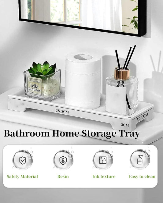 TRMFUSA Marble Resin Bathroom Vanity Tray, 11" x 4" Rectangle, White, Organizer Tray for Soap Dispenser, Perfume, Jewelry, Toilet Tank, Kitchen Sink