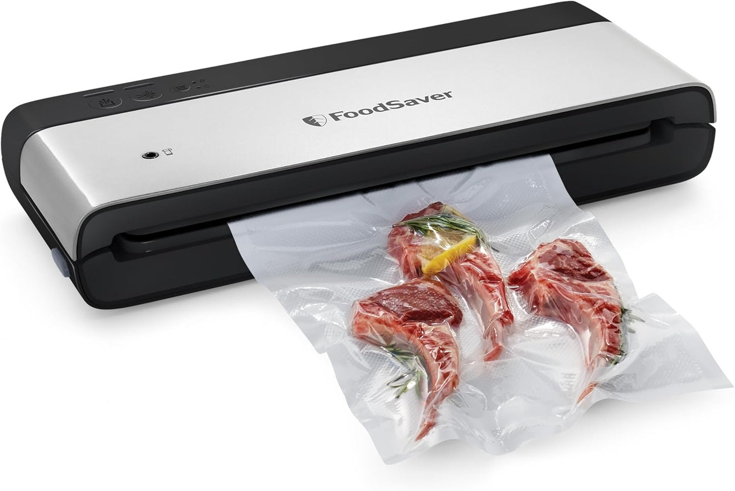 FoodSaver PowerVac Compact Vacuum Sealer Machine with Vertical Storage, 5 Vacuum Seal Bags & 1 Roll, Stainless Steel - VS0150