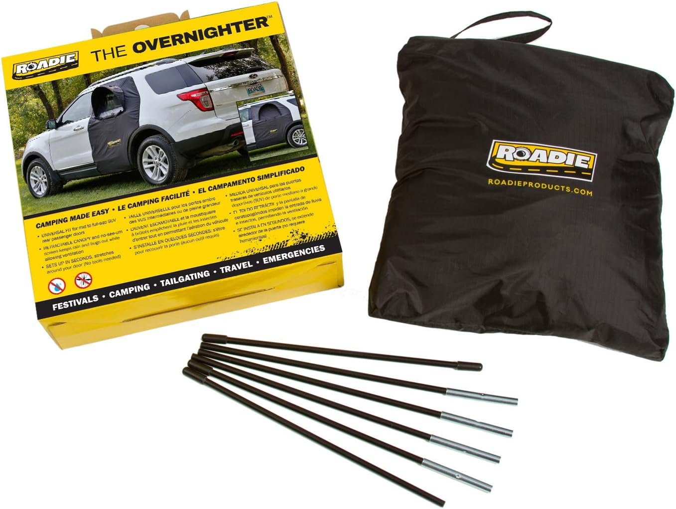 Roadie- The OVERNIGHTER™ SUV Window Tent with Bug Screen and Retractable Awning. Great for Camping in an SUV. (Patented)