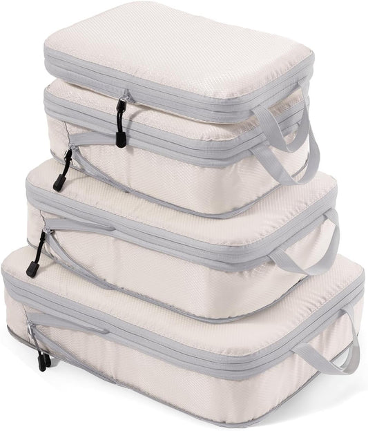 Meowoo 4-Piece Packing Cubes Compression Organiser - XL, L, 2×M - Space-Saving Travel Organizer for Suitcases - Travel Useful Accessories - Ideal for Holidays and Narrow Spaces - Beige
